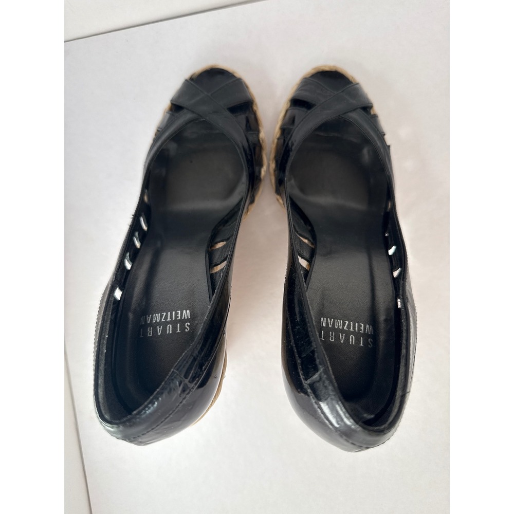 Stuart Weitzman Wedge Sandals Womens 6.5 Black Patent Espadrille Caged Peep Toe - Picture 7 of 11
